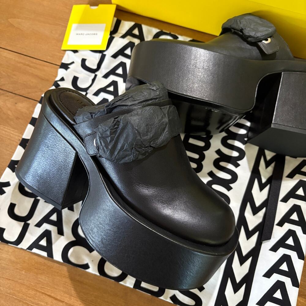 Marc Jacobs The J Marc Black Leather Platform Clogs Mules Heels Size US 8W